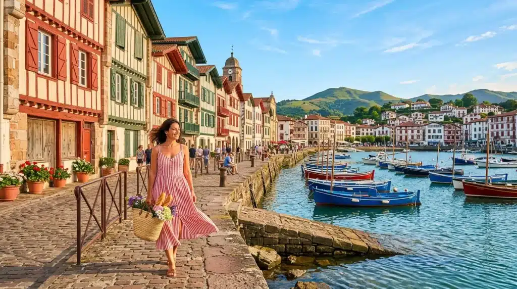 Femme en robe rayée marchant sur le port pittoresque basque