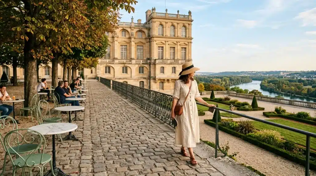 Femme élégante devant château baroque surplombant un fleuve