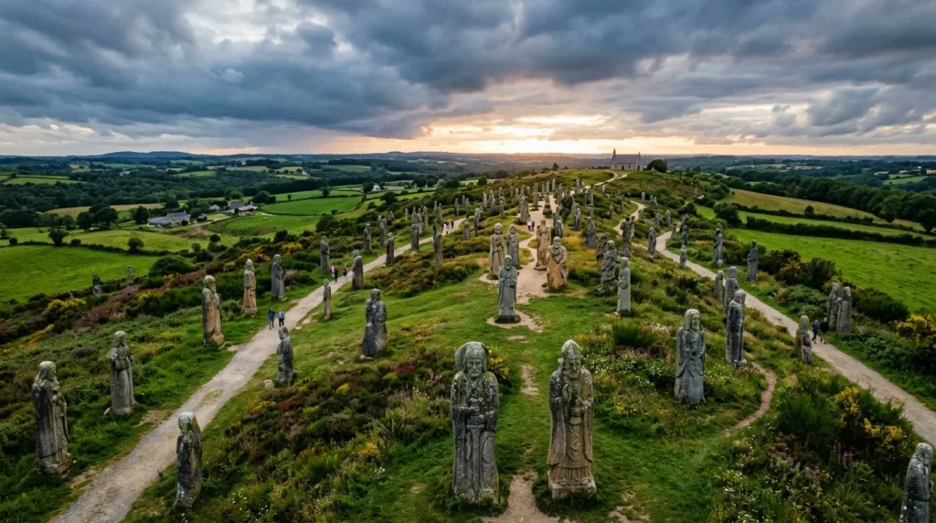 Cimetière avec statues en pierre dans paysage rural irlandais