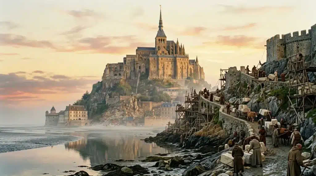 Chantier médiéval au pied du Mont-Saint-Michel brumeux