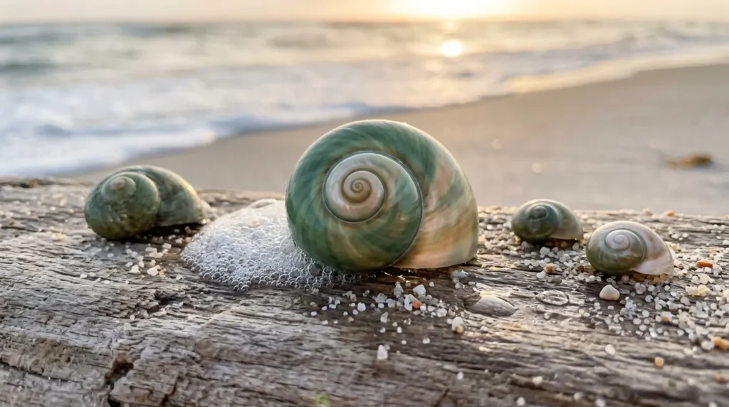 Coquilles marines vertes et blanches sur bois flotté de plage