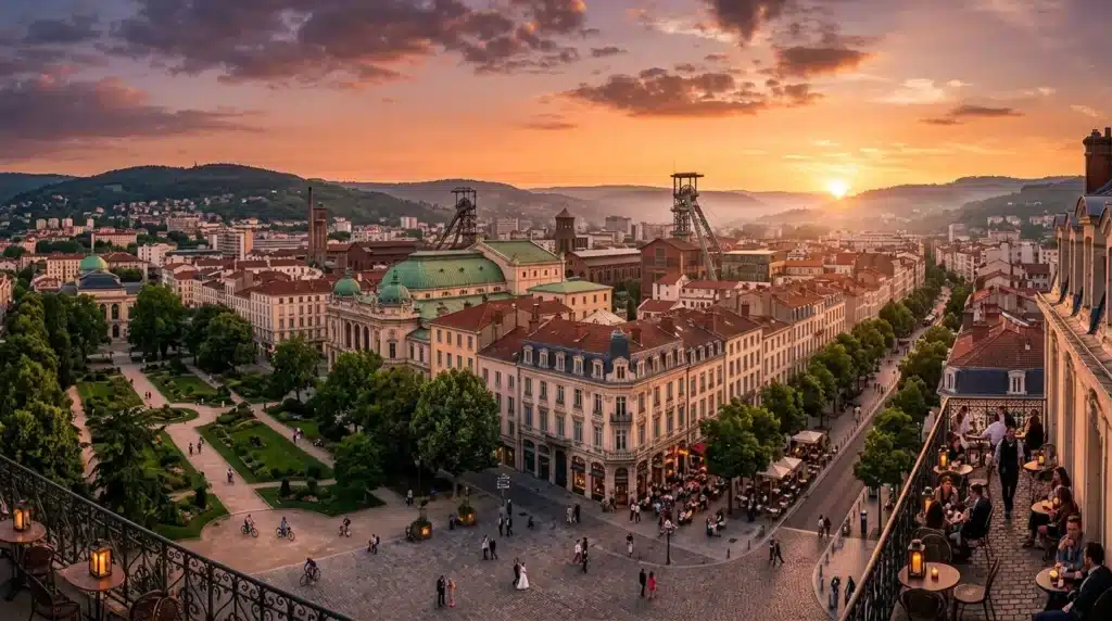 Vue panoramique d'une ville industrielle allemande au coucher du soleil