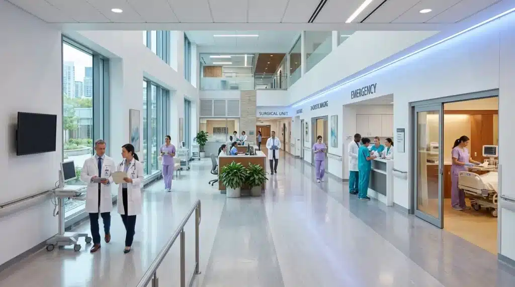 Corridor blanc lumineux d'hôpital avec personnel médical