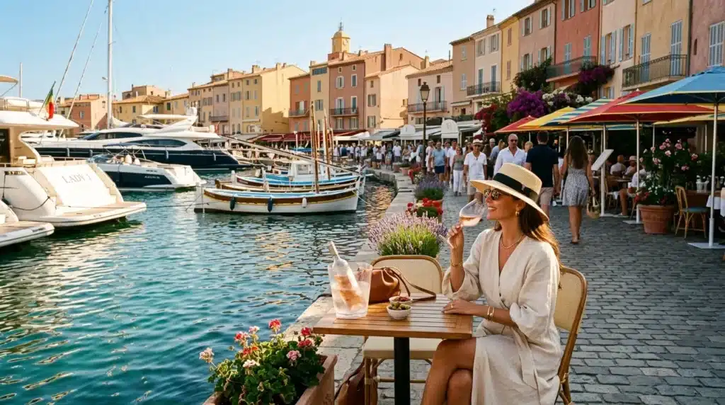 Femme dégustant un verre en terrasse face au port pittoresque
