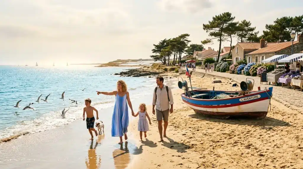 Famille marchant dans l'eau sur une plage de village côtier.