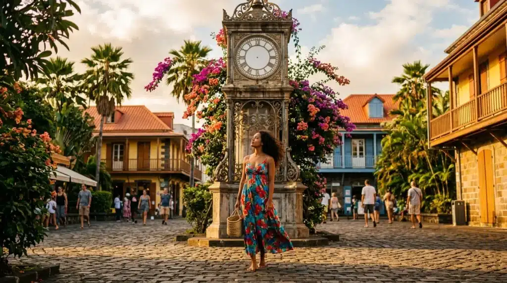 Femme en robe colorée devant horloge fleurie coloniale