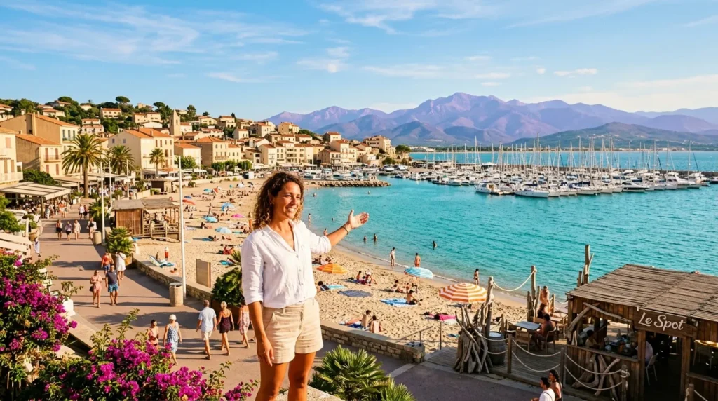 Femme souriante face à la mer turquoise avec voiliers et montagnes
