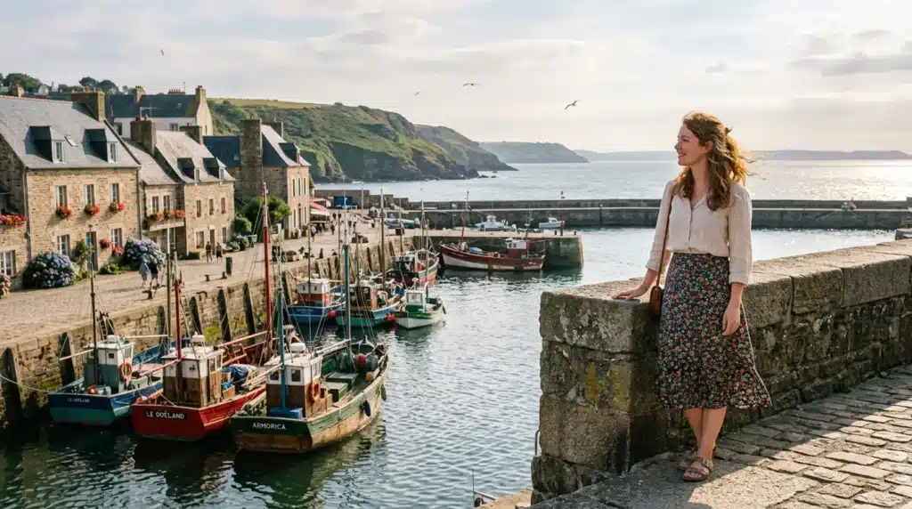 Femme contemplant un port de pêche breton avec bateaux colorés