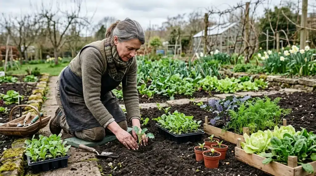 Femme âgée plante des seedlings dans un potager
