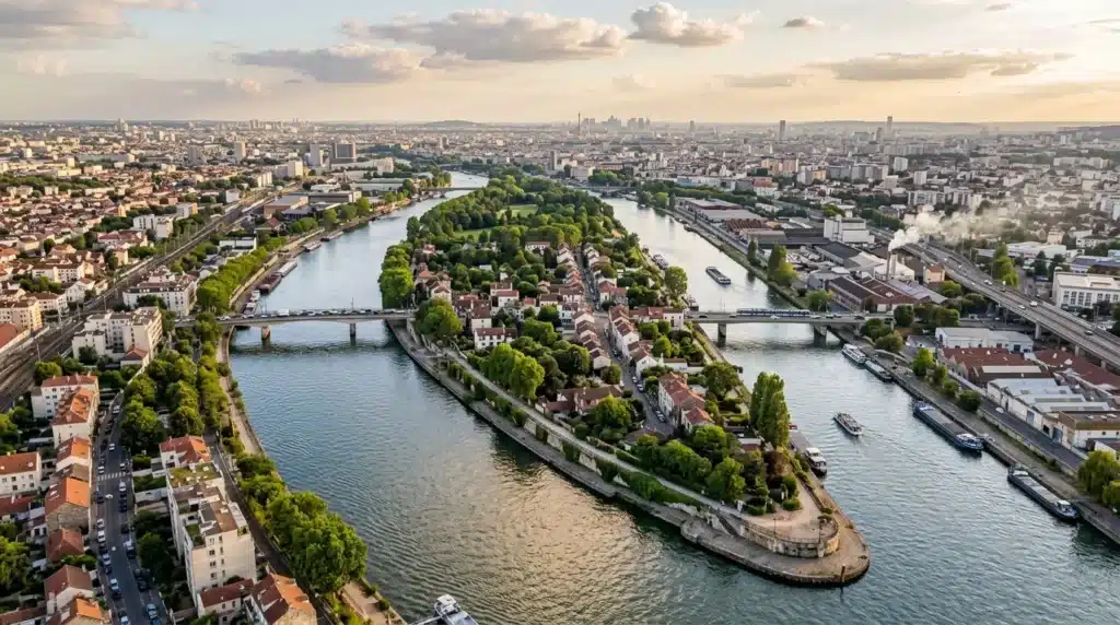 Vue aérienne de Francfort avec rivière Main et île Museumsufer
