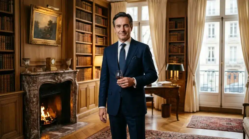 Homme en costume bleu dans une bibliothèque classique avec cheminée.