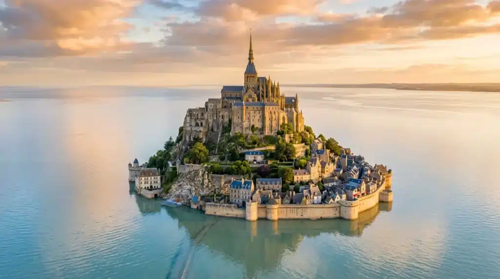 Île fortifiée avec abbaye gothique entourée d'eau