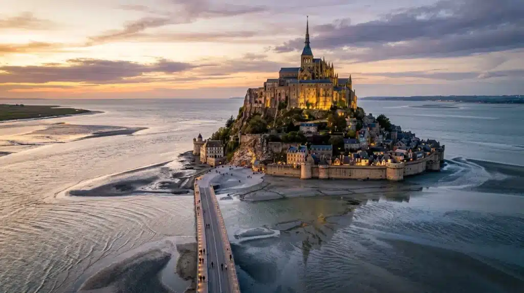 Abbaye illuminée sur îlot rocheux entouré de baie et causeway