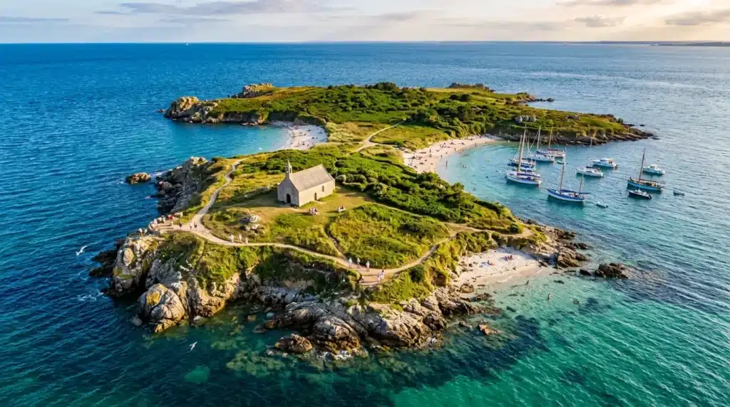 Île verte avec chapelle, plages et bateaux ancrés