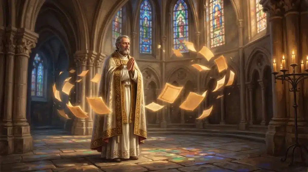 Prêtre en robes liturgiques dans une cathédrale gothique avec vitraux