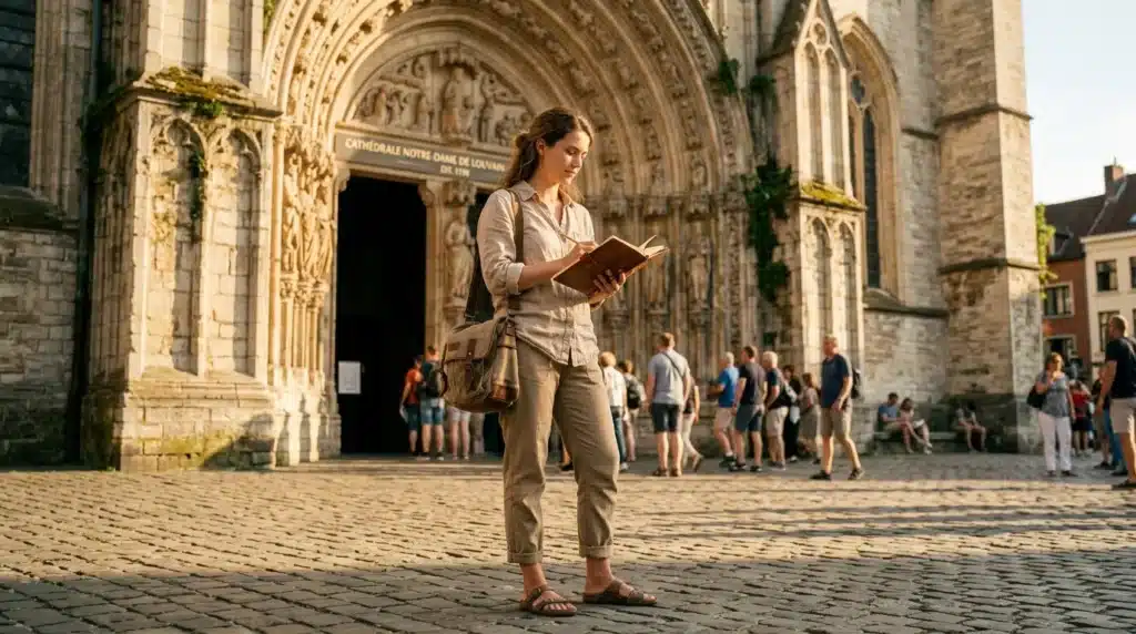 Femme lisant un livre devant une cathédrale gothique