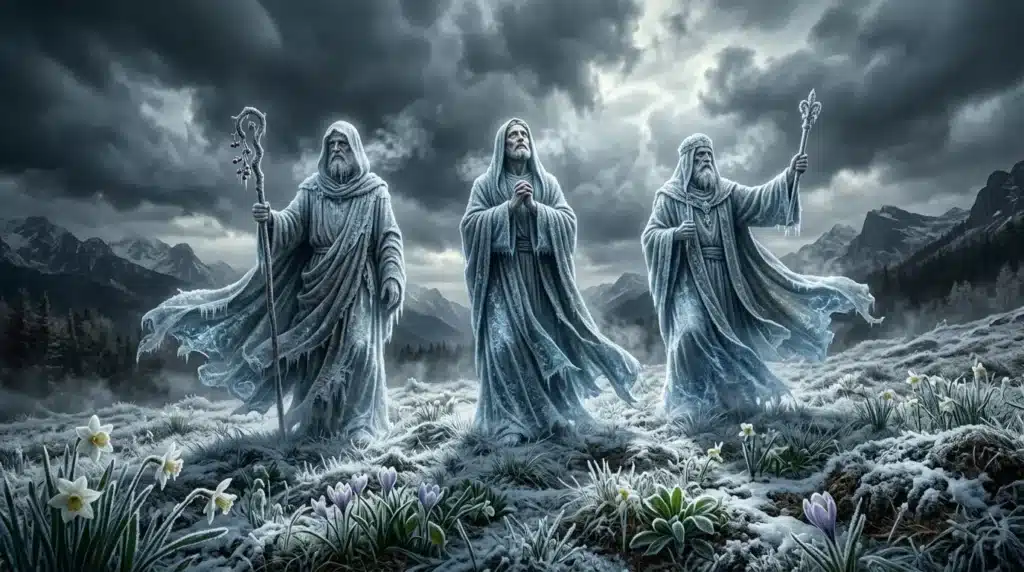 Trois magiciens vêtus de blanc dans un paysage enneigé montagneux