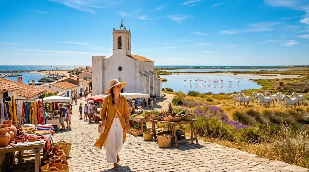Femme visitant marché pittoresque près église blanche côtière