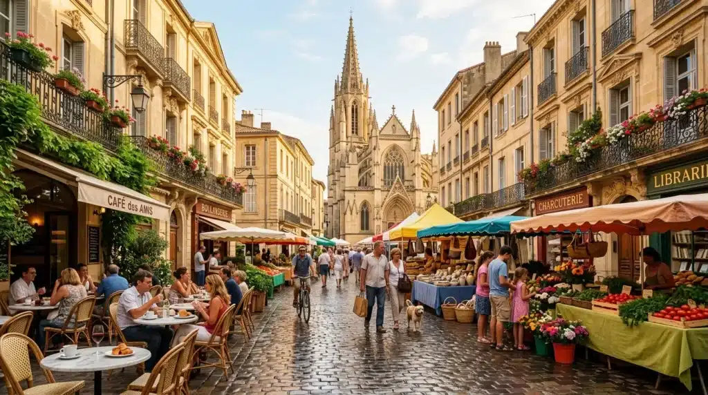 Marché en plein air parisien avec église gothique et terrasse de café