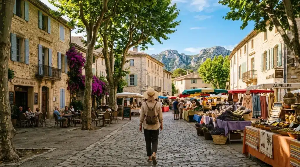 Femme marchant dans un marché provençal avec montagnes en arrière-plan