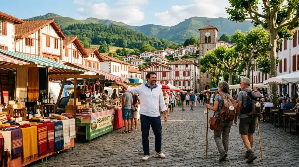 Marché animé dans village basque montagneux avec architecture traditionnelle
