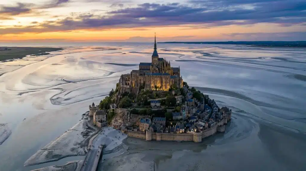 Abbaye illuminée sur île rocheuse entourée de baie