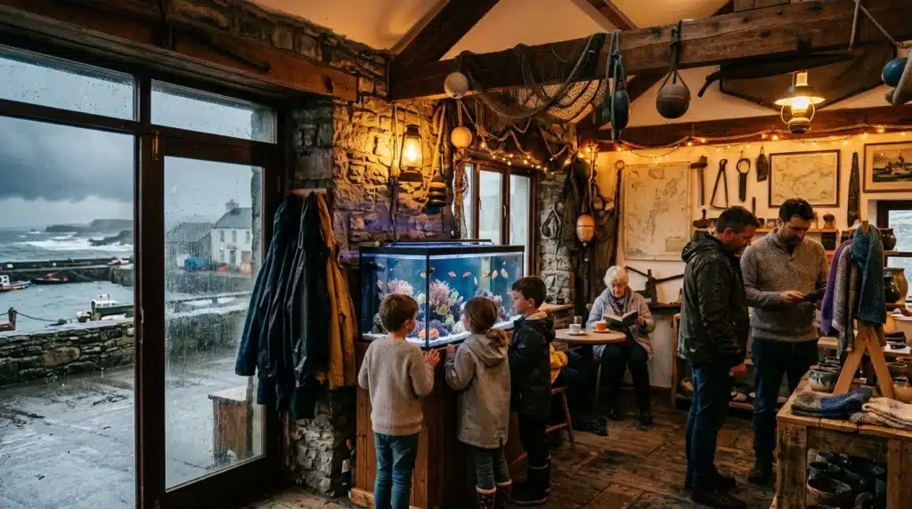 Famille visitant un musée maritime avec aquarium près de la côte