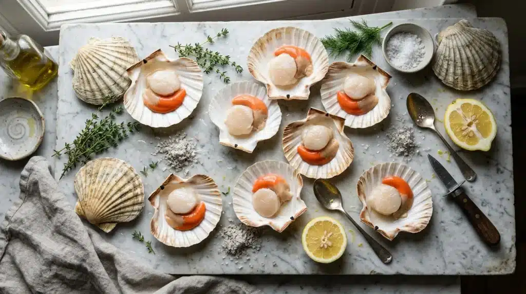 Noix de Saint-Jacques présentées sur marbre avec citron et herbes