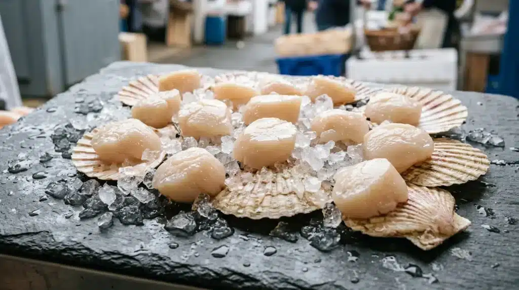 Noix de coquilles Saint-Jacques fraîches sur lit de glaçons et ardoise noire