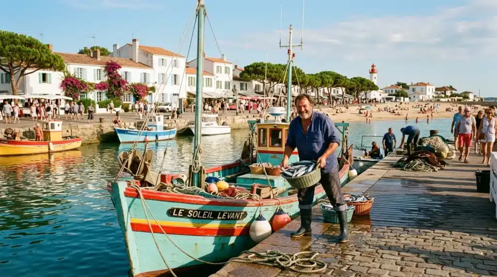 Pêcheur avec bateau coloré dans un village côtier français