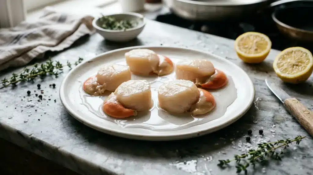 Assiette de pétoncles cuits avec citron frais et herbes