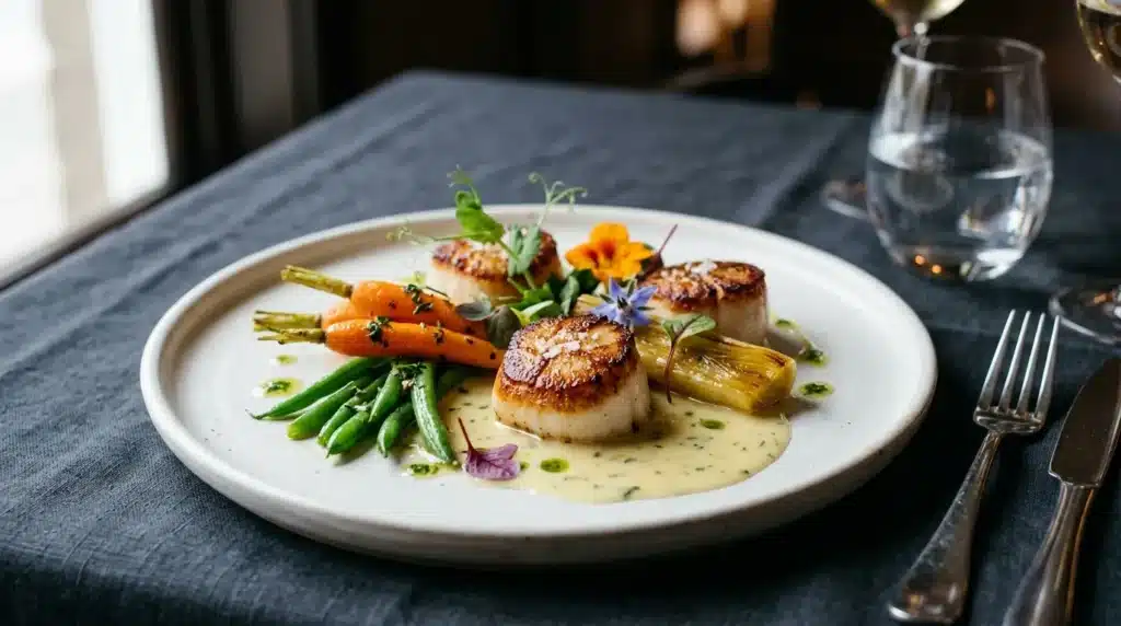 Assiette gastronomique avec pétoncles, légumes et sauce crémeuse