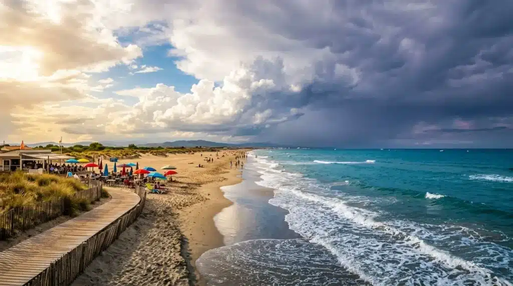 Plage de sable avec parasols colorés et mer turquoise