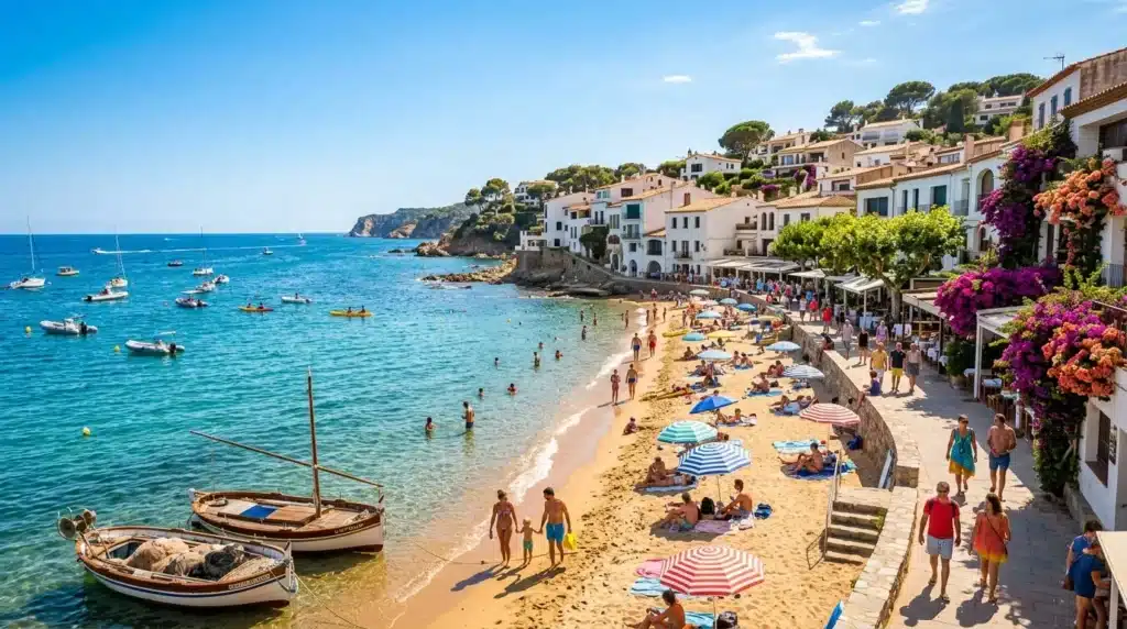 Plage pittoresque avec maisons colorées, bateaux et touristes.