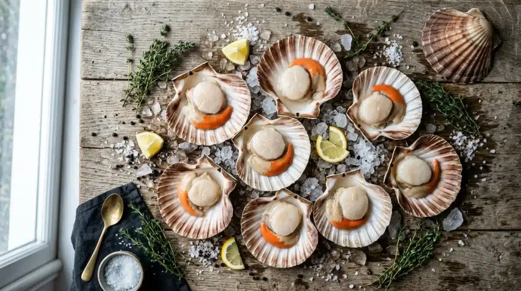Coquilles Saint-Jacques fraîches sur lit de glaçons avec citron et herbes