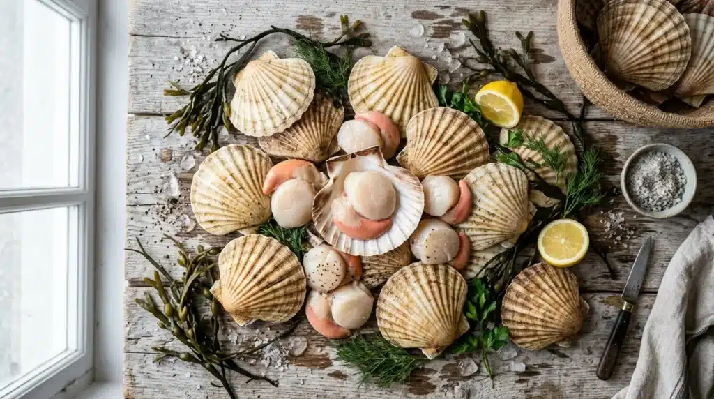 Coquilles Saint-Jacques fraîches avec citron et algues sur bois