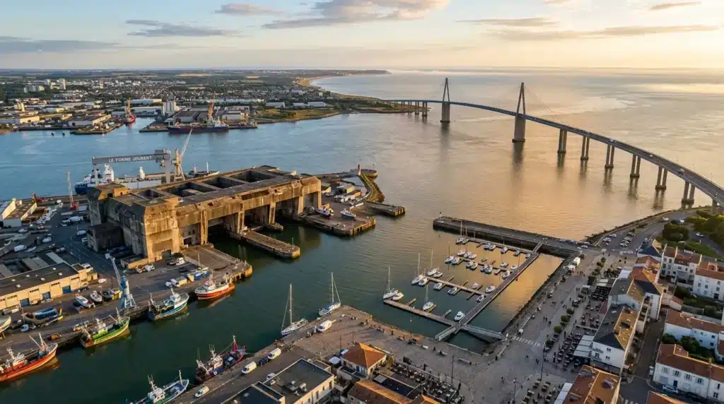 Vue aérienne d'un port avec navires et grand pont suspendu