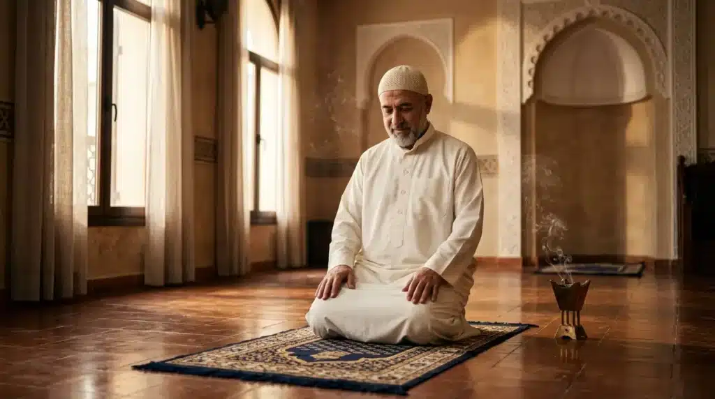 Homme en prière dans une mosquée illuminée