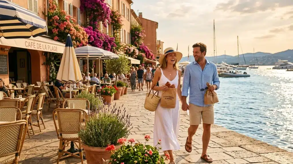 Couple marchant sur promenade côtière méditerranéenne avec café