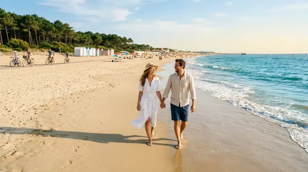 Couple marchant main dans la main sur une plage de sable fin