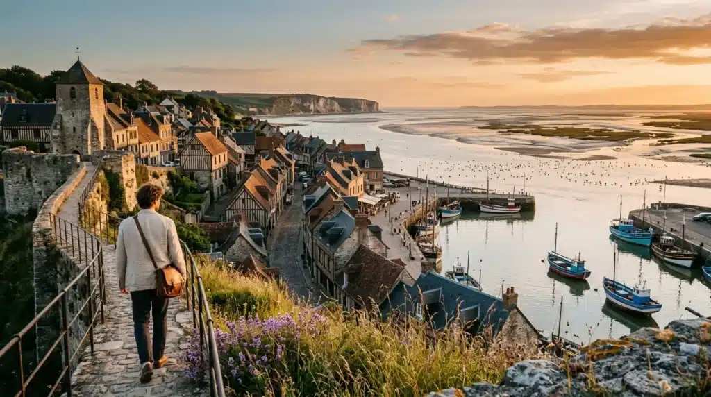 Randonneur observant un village côtier médiéval avec port
