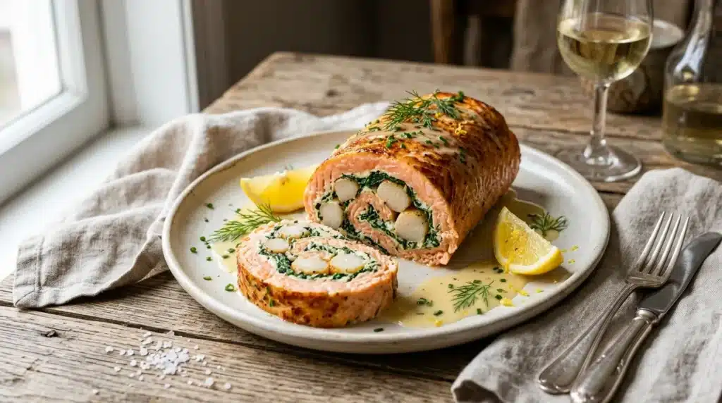 Saumon roulé farci épinards, citron, sauce, présentation gastronomique