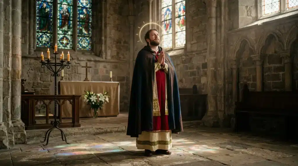 Homme auréolé vêtu de robes religieuses dans une église médiévale