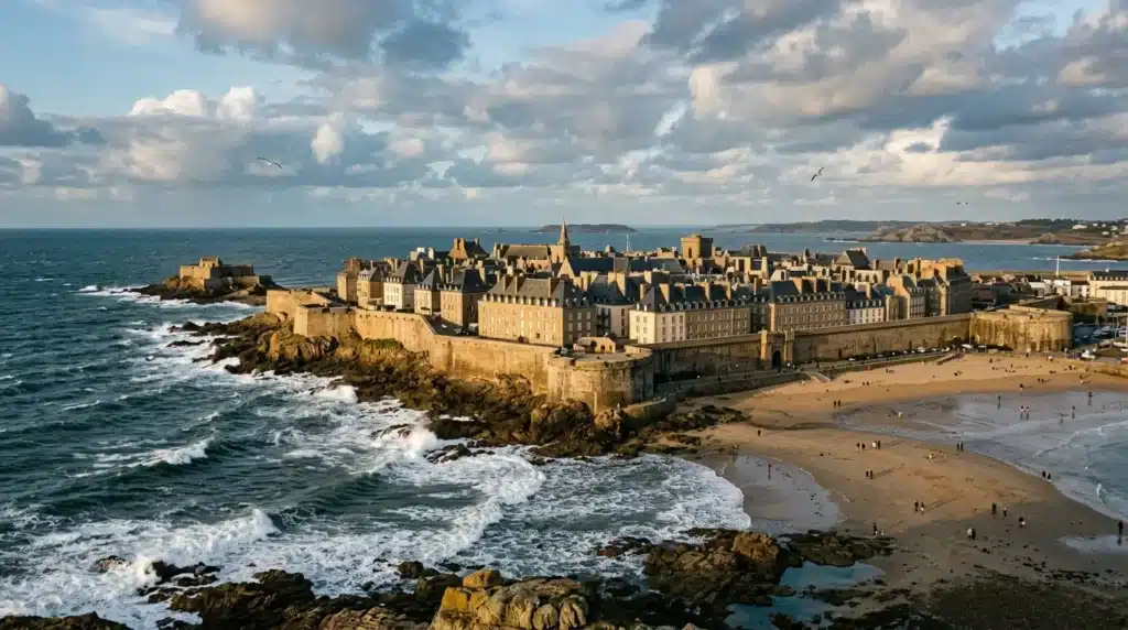 Ville fortifiée médiévale Saint-Malo surplombant plage et océan Atlantique