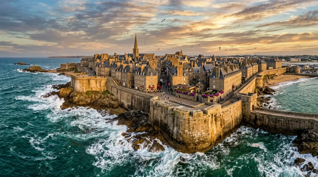 Cité fortifiée médiévale Saint-Malo entourée de murailles et océan