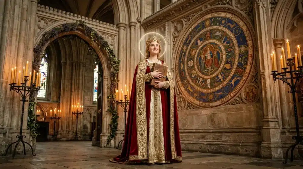 Femme vêtue de rouge et or dans une cathédrale ornée