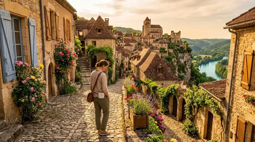 Femme parcourant ruelle pavée village pierre médiéval rivière