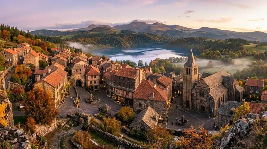 Village médiéval avec église, lac et montagnes en automne